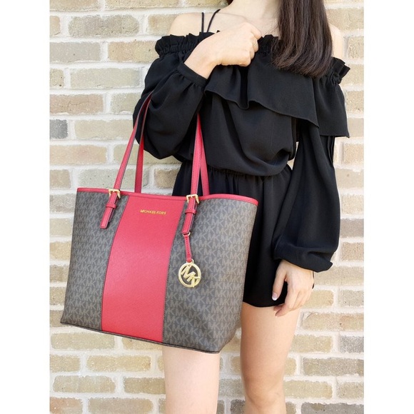 Michael Kors Jet Set Travel Medium Carryall Tote Brown MK Signature Scarlet Red - Picture 3 of 12